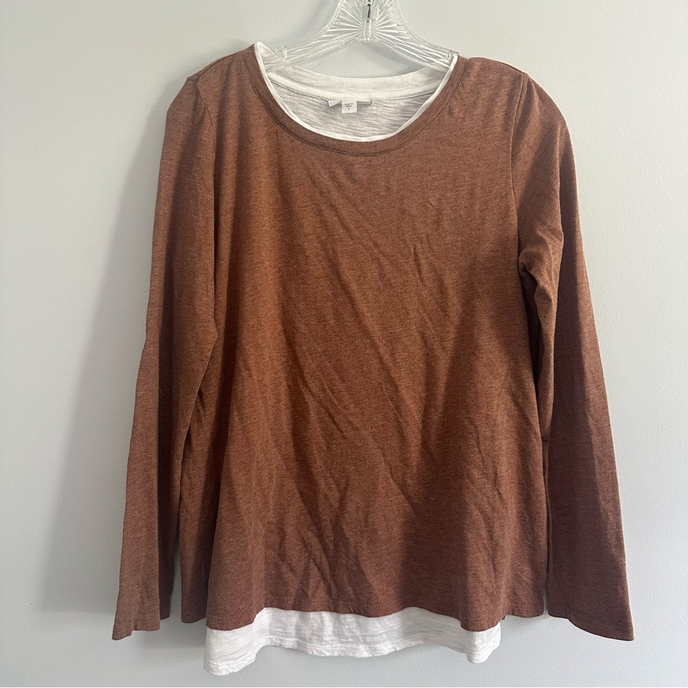 J. Jill Long Sleeve Brown and white layered cotton shirt tencel Lagenlook